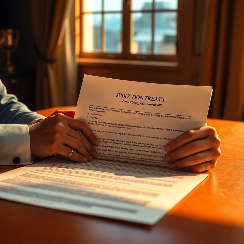 Close-up of two hands reviewing a printed legal document with jurisdiction treaty annotations on a warm terracotta desk surface