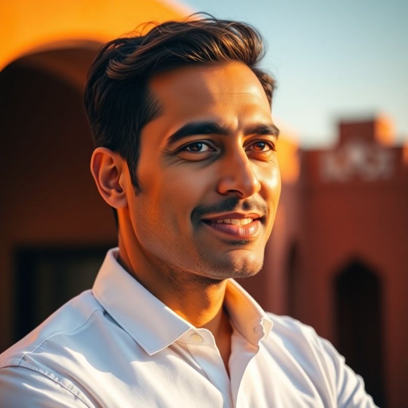 Portrait of a confident South Asian male business professional in a crisp white shirt against a softly blurred terracotta-toned background