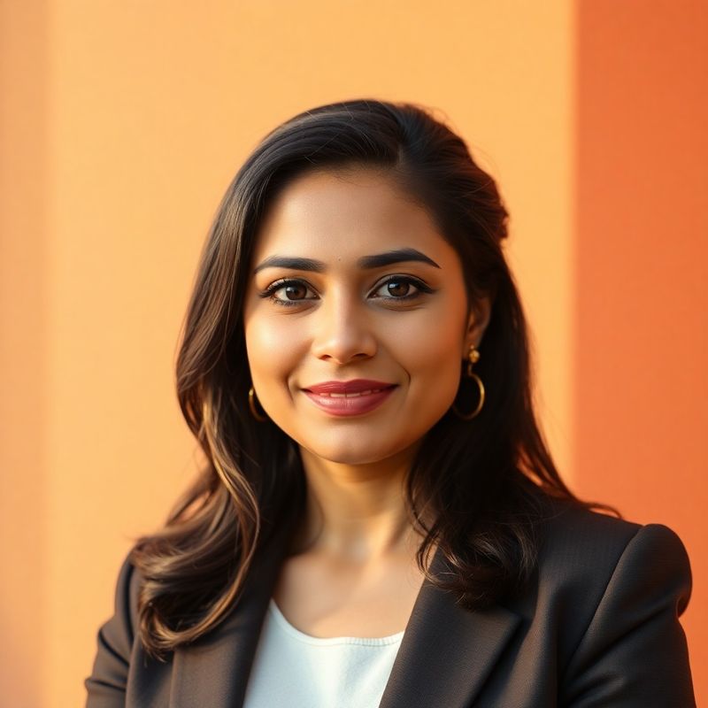 Portrait of a confident South Asian female entrepreneur against a terracotta-cream background with warm natural sidelight