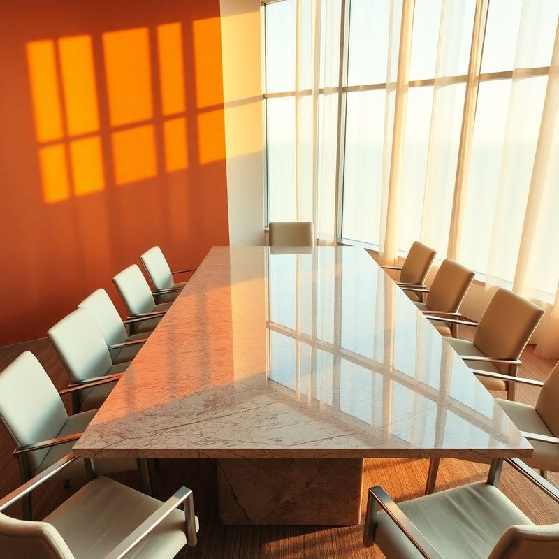 Editorial view of a minimalist boardroom with warm terracotta accent wall and cream linen chairs in golden afternoon light