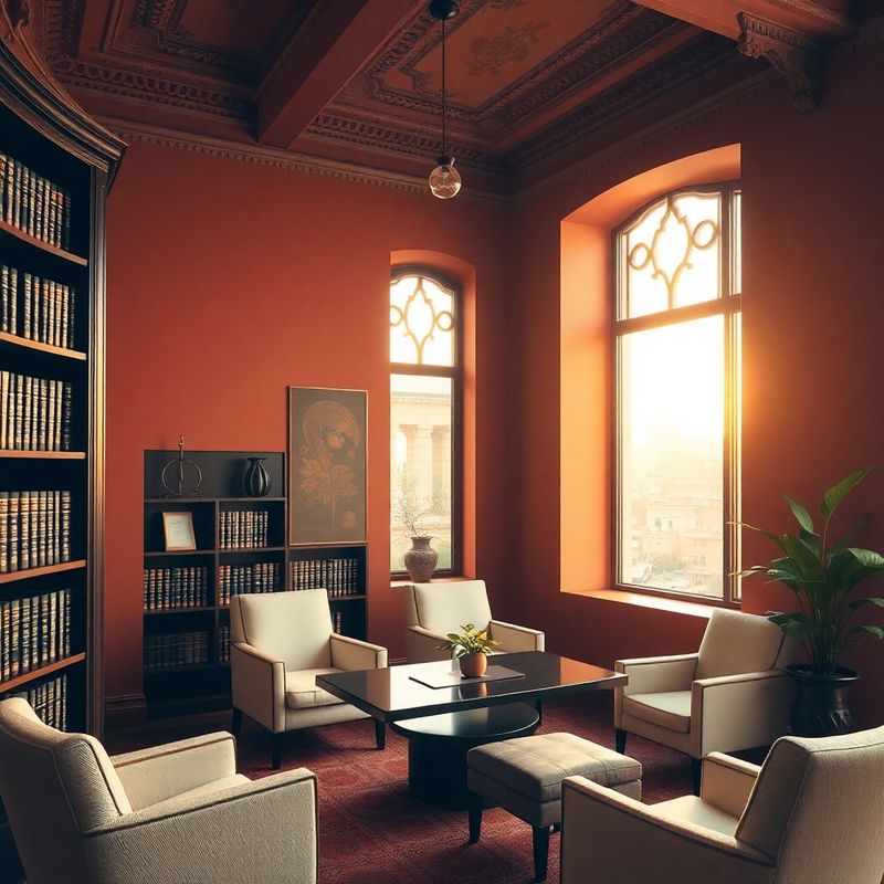 Boutique financial advisory office interior with warm terracotta plaster walls, cream linen upholstery, and Kolkata golden-hour light through tall windows